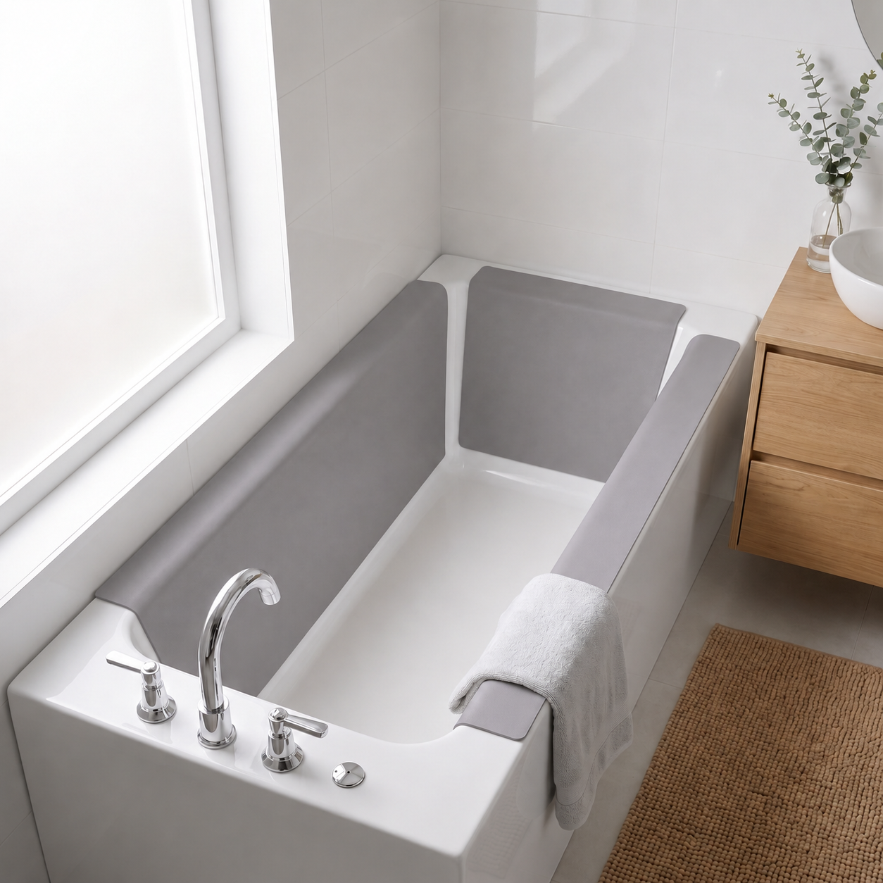 Grey foam panels fitted along both long inner sides and the back wall of a white bathtub in a bright tiled bathroom, with a window and wooden vanity nearby.
