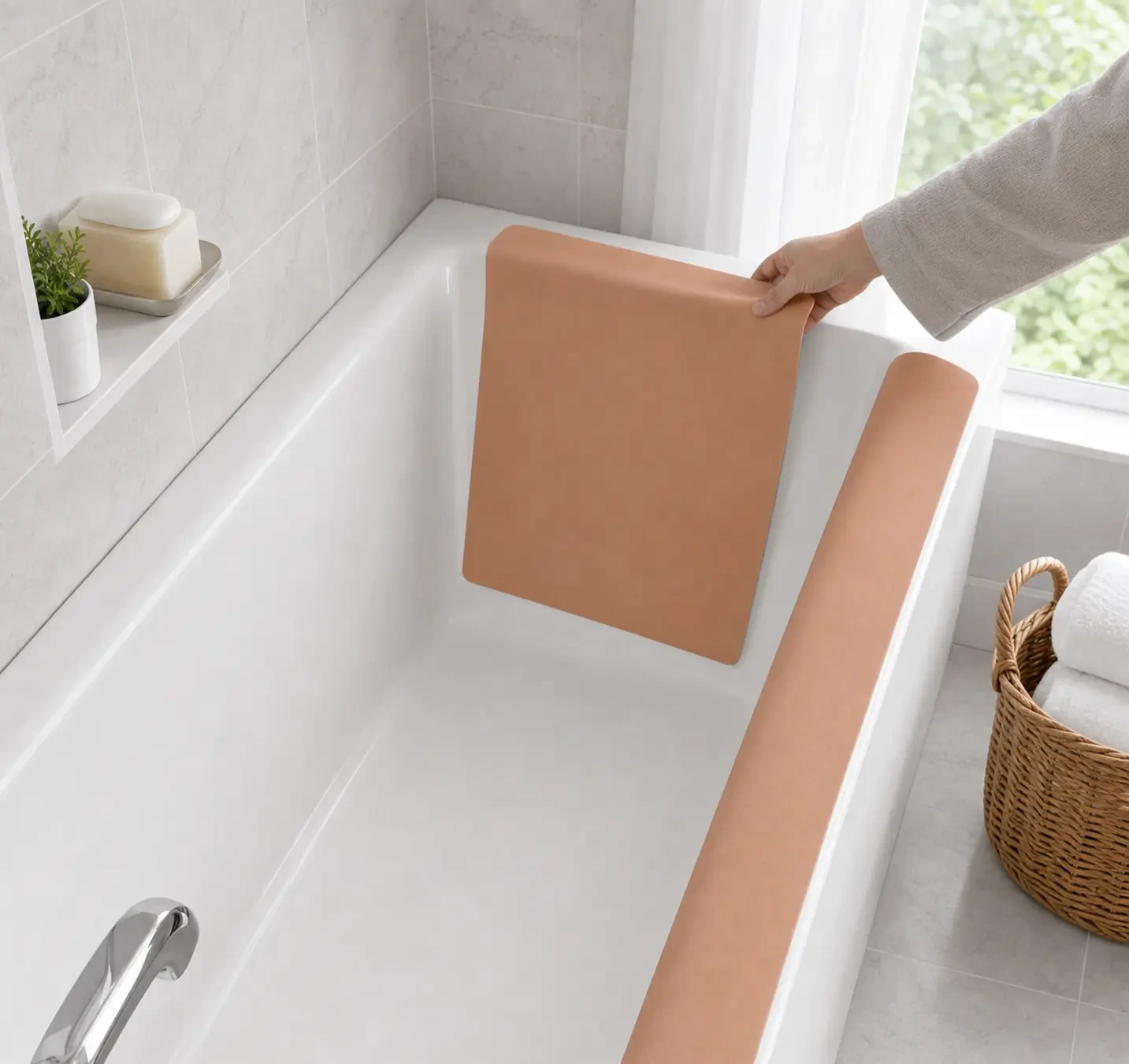 A hand setting the peach foam back-wall panel into a white bathtub with the long side panel already in place.