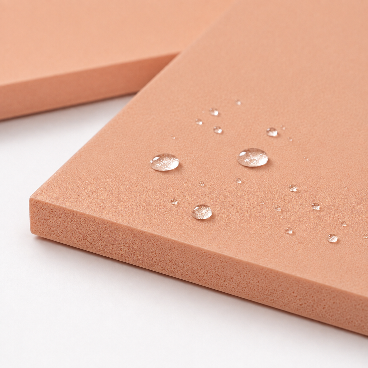 Close-up of the peach cushioning foam panel with water beading on its textured surface, showing the thick cut edge.