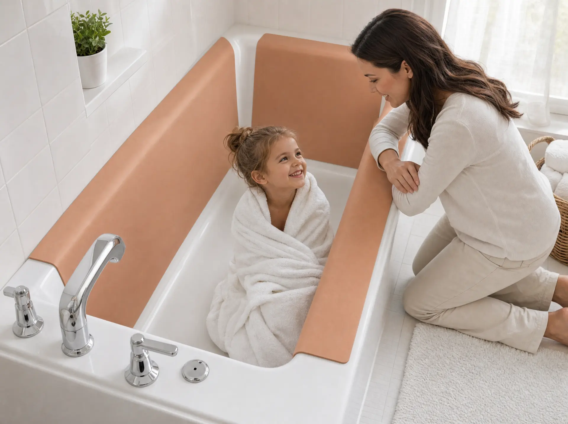 A child wrapped in a towel sitting in a peach-lined bathtub while a parent kneels alongside the tub.
