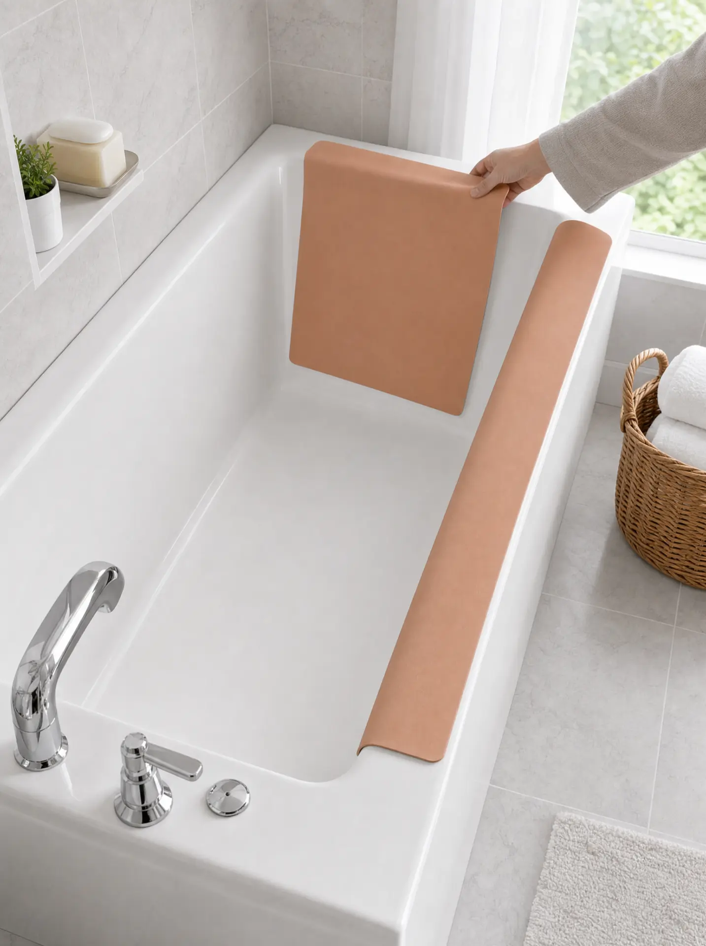 A hand pressing a peach foam panel against the back wall of a white bathtub, with a second panel already fitted along the long inner side.