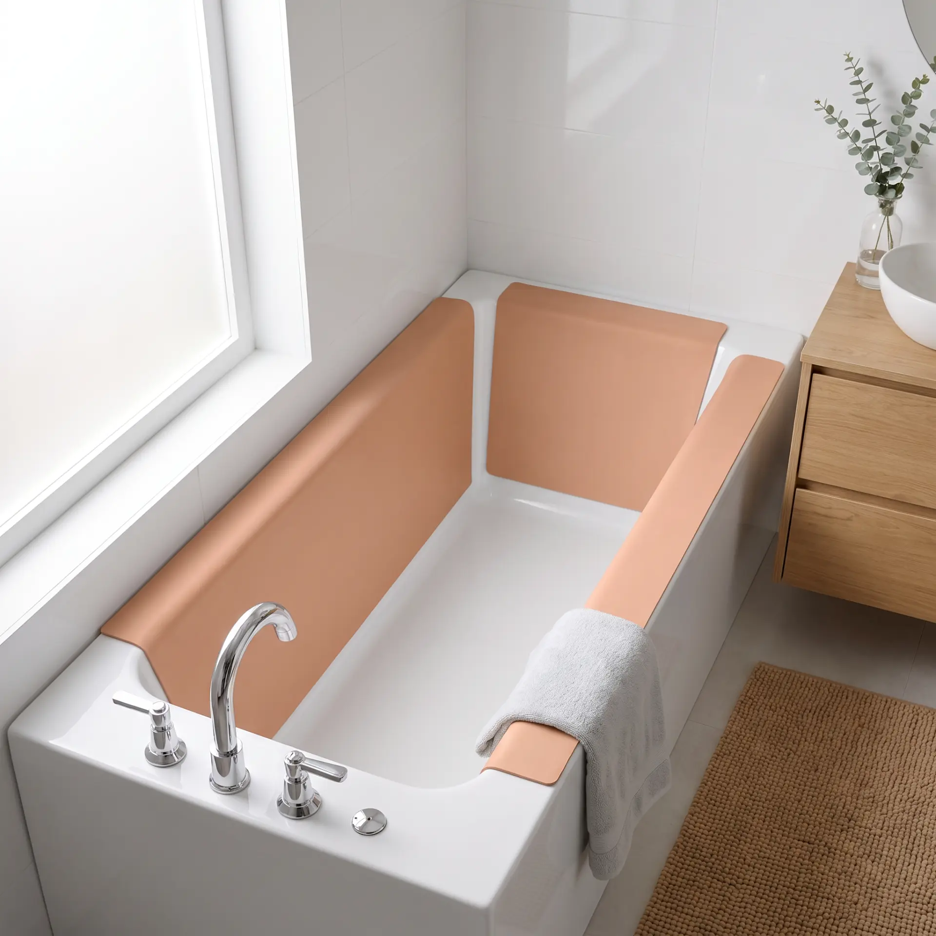 Peach foam panels fitted along both long inner sides and the back wall of a white bathtub, with the faucet end open.
