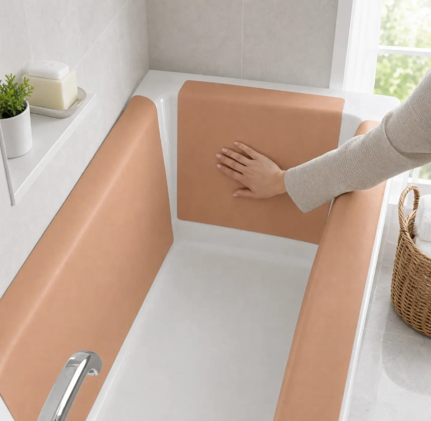 A hand pressing the back-wall foam panel flat inside a bathtub with both side panels already fitted.